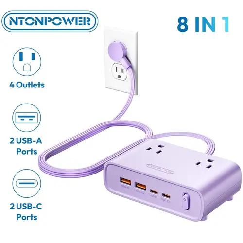 NTONPOWER Desk Power Strip with USB C, Purple Flat Plug 8-in-1 (4 AC + 4 USB), 25W Charging, 5ft Flat Extension Cord, Aesthetic Desk Setup, Study Desk & Dorm Room Essentials for Students Type C Ports Usb C Hub