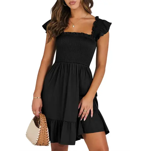 ANRABESS Womens Summer Casual Sleeveless Square Neck Smocked Ruffle Backless Boho Mini Dress 2026 Sundress Beach Vacation Outfits