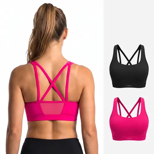 HSIA Aura Women Wirefree Lightly Padded Medium Support Cooling Mesh Sports Bra Activewear Quick Dry Breathable Racerback & Criss Cross & Double Strappy Back Workout Tank Bra Yoga Running Fitness Chic Splicing Everyday Sports Bra