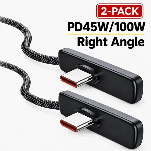 techvibes 2-Pack C to C Wired Mobile Charging Cable, Right Angle Braided Durable Cord, 6.6ft Super Fast Charger (45W+, 67W, 100W, 240W Compatible) for iPhone15/16/17 Max, iPad Pro, MacBook, EU Type