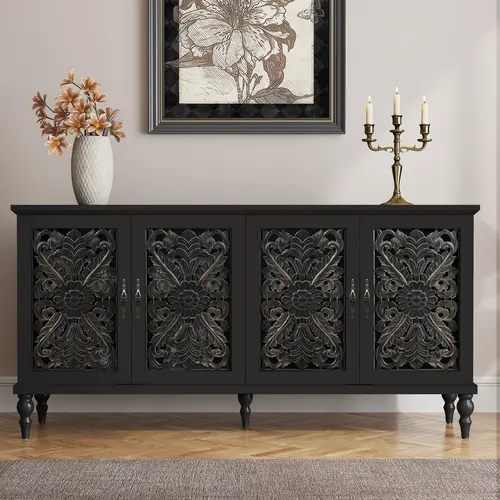 HLR Antique Wooden Sideboard Buffet Cabinet | Vintage Floral Carved Doors, 3 Adjustable Shelves, 61.8” Console with Ample Storage, Sturdy MDF Frame, Elegant Dining Room Decor | Easy to Assemble, Large Capacity sohochic