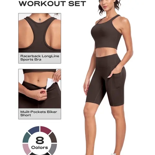 [Upgraded Thickened Fabric] New Series Women's Two-Piece Athletic Set: Racerback Longline Sports Bra and Butt-Lifting Cycling Shorts. Women's Yoga, Fitness, Running, and Training Sportswear. Suitable for Summer and Autumn.