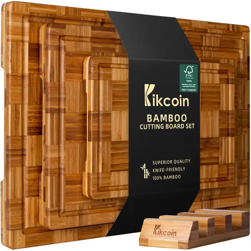 [End Grain]Kikcoin Charcuterie Board with holder,Checkerboard,3PCS Cutting Board with Holder,thickened&heightened,Extra Large Wooden Butcher Block,Charcuterie Cheese Serving Tray,food prep,Handles&Juice Groove,New Year, Holiday,gift idea,dinner, Bamboo Cu