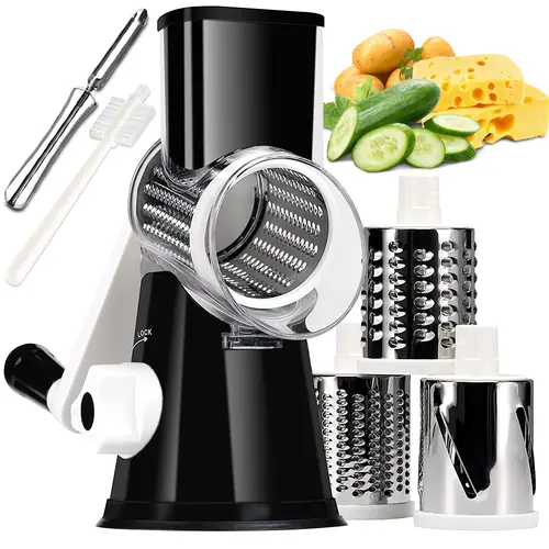 Summerwins Rotary Hand Cheese Grater with Handle - Kitchen Utensil, 3 Stainless Steel Blades, Tilt Base, Strong Suction Base, Transparent Barrel, Safe Pusher for Finger Safety, Cutting Function for Cheese, Potatoes, Zucchini, Single Unit, Vegetable