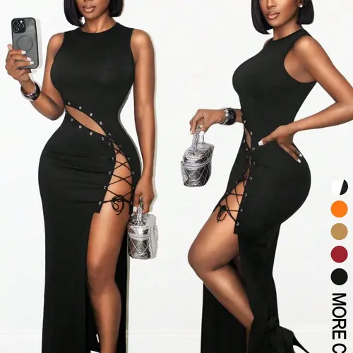 Sexy Women's Sleeveless Cross Tie Design Dress, Slim-Fitting Long Dress with Split Thigh for Special Occasions, Elegant Evening Wear, Party Evening Wear, Formal Wear, Slit, Elegant Knit Dress, Bodycon Evening Dress