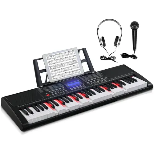GLARRY 61-Key Digital Piano Keyboard Set for Beginners, Portable Lighted-Key Electronic Keyboard with LCD Screen, Microphone, Headphones, 3 Teaching Modes, Built-In Speakers, Beginner-Level Music Learning Portable Setup