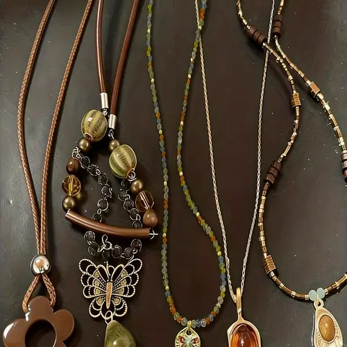 Vintage Handmade Beaded Pendant Necklace Set, Dangling Charms Necklace, Elegant Beaded Necklace, Assorted Beaded Necklaces, Mixed Style Long Leather Cord Layered Necklaces for Women, Decorative Beaded Necklaces, Boho Fashion Jewelry