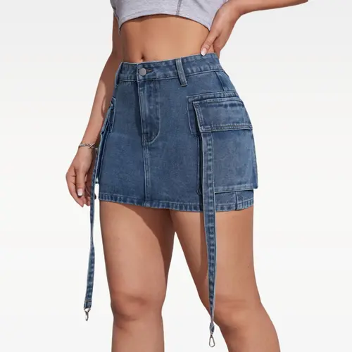 【Free Gift】Vogatiques Womens Denim Mini Skirts Summer Trendy Going Out Beach Outfits Comfort Low Waist Cargo Denim with Pockets DSKIRT231122 Womenswear Bottom