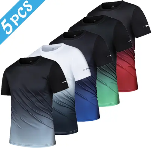 Men's Basic 5-Pack Assorted Color Crew Neck Short-Sleeve T-Shirts - Gradient Fade Print, Quick-Drying Breathable Fits, Reflective Details, Sporty Chic Athletic Fitted Activewear for Sports, Everyday Wear