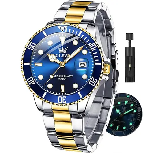 OLEVS Men's Stainless Steel Round Dial Quartz Watch,  Blue Silver Black Tone Easy-to-Read Analog Quartz Watch, Luxury Water Resistant Date Diamond Roman Arabic Numerals Dial Formal Watch Rotating Bezel Elegant