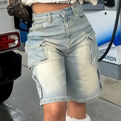 Vintage Light Washed High-Waisted Fitted Cargo Denim Shorts, Denim Jean Shorts, Fashion Impact Shorts, Button, Pocket, Y2K Aesthetic Streetwear, Perfect for Summer Beach Days & Mall Runs