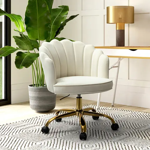 HULALA HOME Belanda Task Office Chair Height-adjustable Sturdy Durable Golden Finish Tufted Back Velvet Fabric Upholstery Flower Shape Back 360-degree Wheels Functional Stylish for Living Room Office