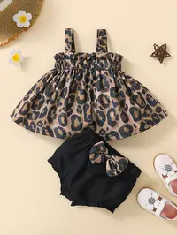 Spring Summer Baby Girl Outfit Set, Leopard Print Sleeveless Top & Black Bow Pants, Cute Slim-Fitting Outfit, Above the Knee Length Clothes, Clothing