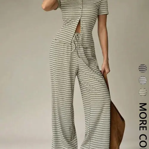 Women's Striped Crew Neck Short Sleeve Fitted Top & Wide-Leg Pants Two-Piece Set, Casual Lightweight Effortless Loungewear & Homewear, Casual Pajama Set, Lounge Outfit, Matching Pj Set