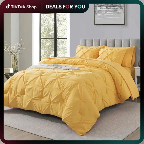 Cosybay 7Pcs Pintuck Comforter Set-Lightweight Comforter King size,Fitted Sheet,Flat Sheet,2 Pillow Shams,2 Pillowcases-Queen size Bedding Comforter Sets,Soft Fluffy Comforters Set for All Season-6pcs bed sheet Colorblock Patchwork #Summervibes