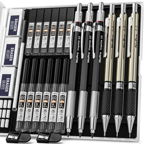 Nicpro 6-Pack Art Drafting Pencils Assortment Kit, 3 Metal 0.5/0.7/0.9mm Pencils & 3 2mm Graphite Lead Holders (2B/HB/2H) with Refills Case - Art Supplies, College School Supplies for Writing, Sketching, Mechanical Pencils