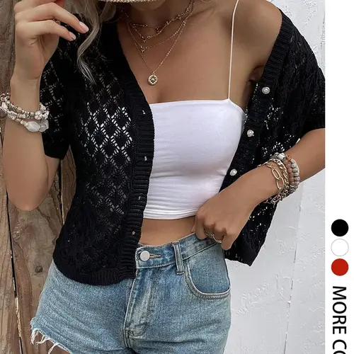 Elegant Women's Spring Summer Fashion Casual Knit Button Front Sweater Short Sleeve Top, Plain Hollow Out Design, Home Leisure Wear, Knitwear