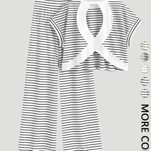 2-Piece Black & White Stripe Cross Back Crop Top & Wide Leg Pants Set - Soft Loungewear & Casual Outfit for Home and Daily Wear , Striped Cutout Top & Pants Matching Set - Ideal for Lounging, Casual Outings, and Brunch