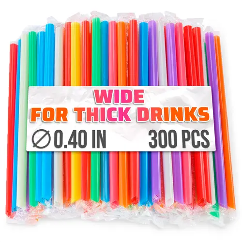 Plastic Boba Straws (300 Pcs) - Individually Wrapped 9.25"x0.4" Thick Jumbo Drink Utensils, Angled Tips, Assorted Colors, Cut-To-Size Use, Disposable for Bubble Tea, Smoothies