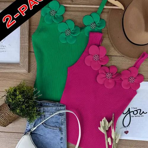 CHICME 2 Piece Women's Solid 3D Flower Tank Top Asymmetrical Neck Sleeveless Casual Ribbed Knit Camisole