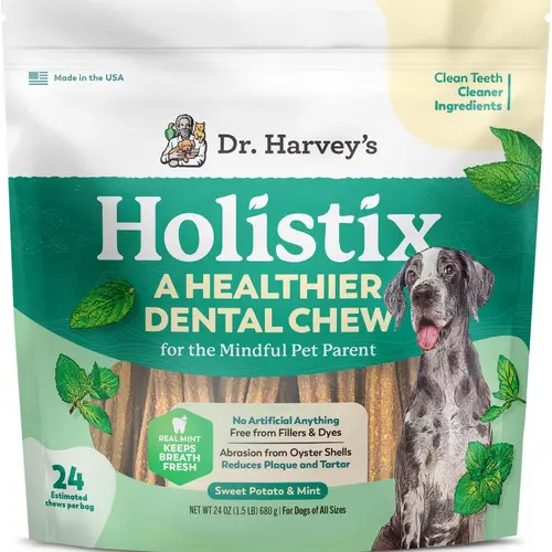 Dr. Harvey's Holistix Dental Chews for Dogs - Dog Teeth Cleaning & Fresh Breath Treats, Sweet Potato Mint (24 Sticks)