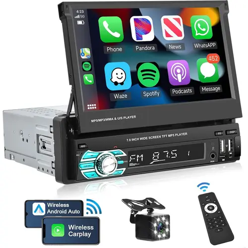 [Upgrade] Single Din Car Stereo with 7-Inch Flip Screen (Wireless CarPlay Screen, Wireless Android Auto), Bluetooth, Type-C Ports, USB, TF, Aux, SWC, FM, Voice Control, In-Car Audio, Backup Camera, SummerVibes