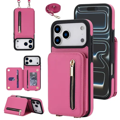 PU Leather RFID Blocking Wallet Case with Protection for iPhone 17 Pro Max, 16, 15, 14, 13, 12 Pro Max, iPhone Air - Flip Stand Cover, Crossbody Lanyard Strap, Wristband Phone Accessories