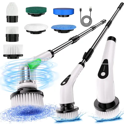 Rechargeable Electric Spin Scrubber - 5-Section LED Power Display, 2-Speed Adjustable Wireless Cleaning Brush, 7 Replaceable Brush Heads, Detachable Adjustable-Length, Cleaning Supplies for Households Tiles, Sinks, Walls
