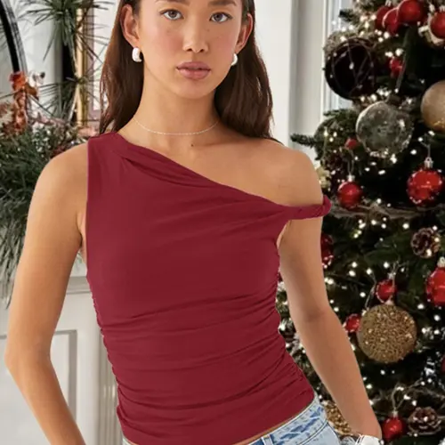 Women's Plain Ruched Asymmetrical Neck Tank Top, Fashion Casual Minimalist Sleeveless Top for Summer, Stretchy Fabric Tank Tops for Women, Ladies Slim-Fitting Clothes for Daily Wear, Women's Tops, Womenswear