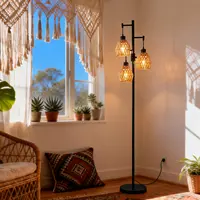 DEMILARE Bohemian Boho Rustic Metal & Rattan Shade Floor Lamp - 70in Tall Adjustable Standing Light, 3×9w 900LM LED Bulbs, Pedal Switch, AC Power Supply, Full Illumination Indoor Lamp for Living Room, House Decor, Book Nook,back to school shopping, Room D