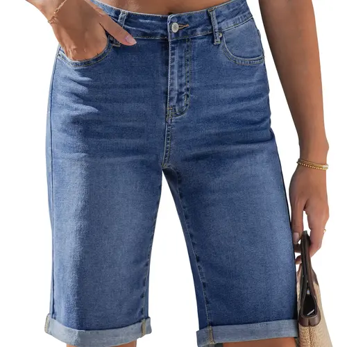 luvamia Bermuda Jean Shorts for Women Knee Length High Waisted Rolled Hem Casual Summer 12'' Inseam Long Denim Shorts,back to school shopping
