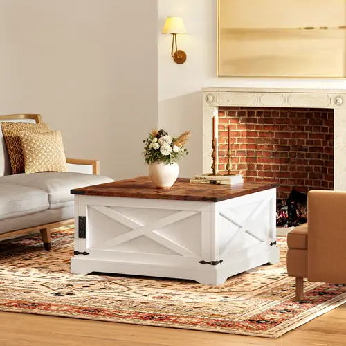 Farmhouse Lift Top Coffee Table with Charging Station, 2-in-1 Hydraulic Lift Center Table with Large Double-Door Storage Compartment, Sturdy Rustic Brown & White Coffee Table for Living Room, 50KG Tabletop Weight Capacity