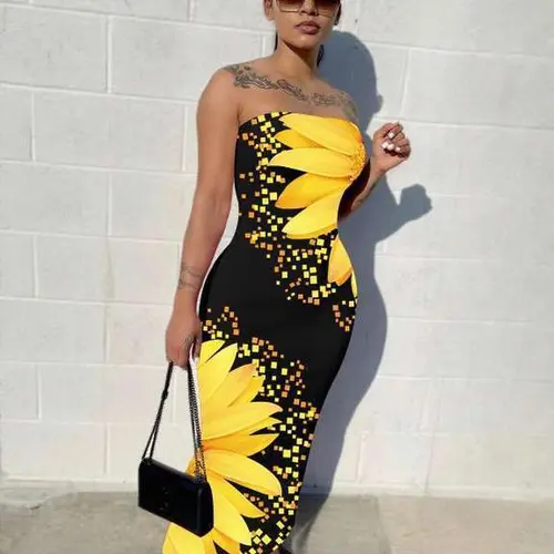 USBOUTIQUE CHIC Women's Stretchy Comfortable Strapless Bodycon Maxi Dress Casual Everyday Curvy-Friendly