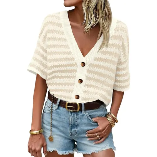 Saodimallsu Women's Short Sleeve Striped Knit Cardigan - Crochet Knit Minimalist Basic Button-Down V-Neck Knitwear for Spring Summer Casual Springfashion,summerwins summerwins