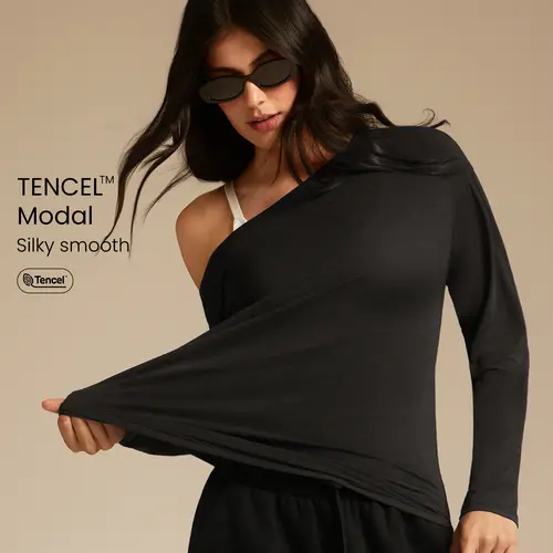 GLOWMODE TENCEL Modal Drift Off Lightweight Silky Smooth Asymmetrical Off Shoulder Long Sleeve Active Top Low-Impact Yoga Pilates Gym Studio Daily Casual Wear