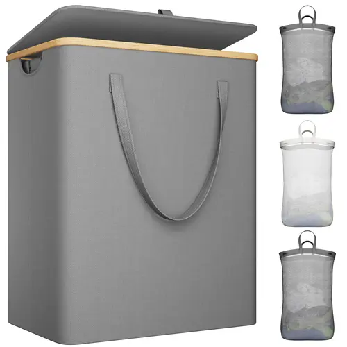 Raybee Furniture Oxford Laundry Basket Organizer with Lid - 160L-170L Collapsible Storage Basket, 2/3 Section Dirty Clothes Hamper with Removable Washable Bags Simplify Care for Bedroom, Bathroom, Collapsible Storage Baskets