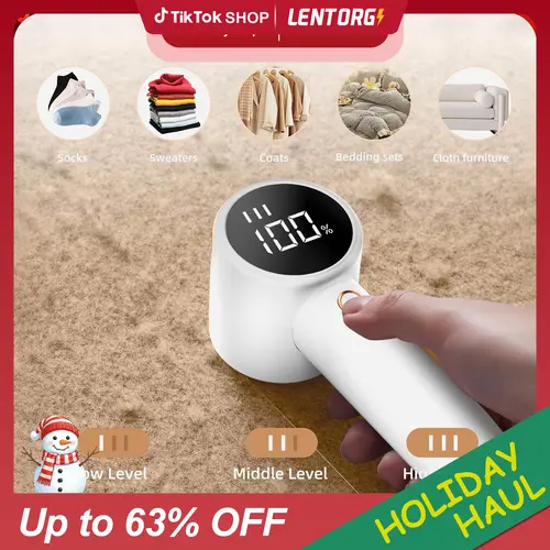 Lentorgi Compact Power Household Appliance Electric Fabric Shaver - Rechargeable Dust Lint Remover with 6 Blades, 2600mAh Battery, 3 Speeds, LED Digital Display, Safety Lock, Lint Collection Container, Mite Removal for Pet Homes, Clothes, Sheets, Travel,