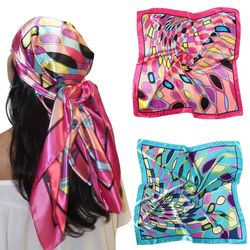 AWAYTR Women's 2Pcs Versatile Head Scarf - 35in Large Satin Square Neckscarf, Silk-Like Polyester Turban Wrap, Fashion Shawl, Girlfriend Gift Hair Accessory