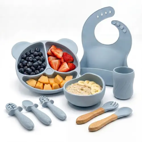 Bear Design Silicone Feeding Set (9PCS), Baby Plate & Snail Bowl & Bib & Training Spoons (3PCS) & Fork Spoon Set & Curvy Straw Cup, Baby Dinnerware Set, #SummerVibes,back to school
