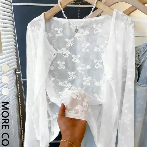 Women's Cropped Lace Knitwear Summer Cardigan Sweater, Sheer Long Sleeve Open-Front Cardigan with 3D Floral Embroidery, Breathable Mesh, Fitted Casual Top for Photo Shoots & Weekend Outings