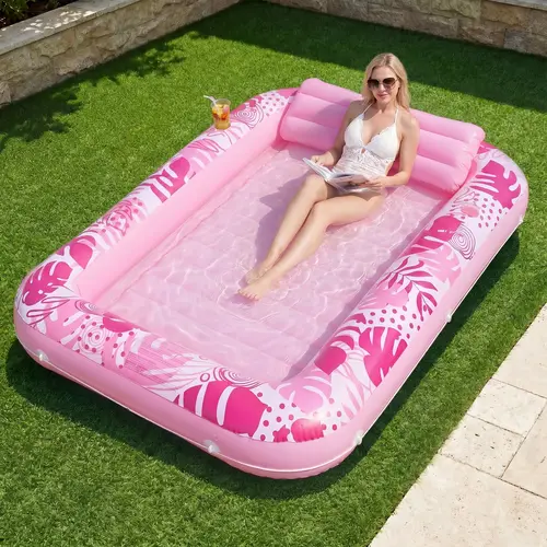 【Summervibes】Inflatable Tanning Pool Lounger Float With Cup Holders,4-in-1 Sunbathing Pool bed with Inflatable Pillow, 70''×45'' /85''×57''Tanning float for Adults＆kiddie Pool,Portable Water Lounge for Family Outdoor, Backyard＆Summer Water Party