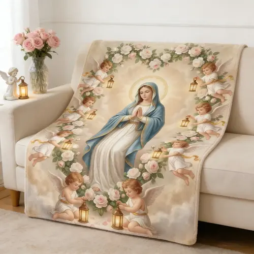 Flannel Fleece Religious Blanket - Virgin Mary, Cherubs & Wreath Print, Faith-Inspired Cozy Plush Throw, Bedroom Bedding Blankets for Catholics, Cozy Warmth for Naps, Sacred Art Decor Linens