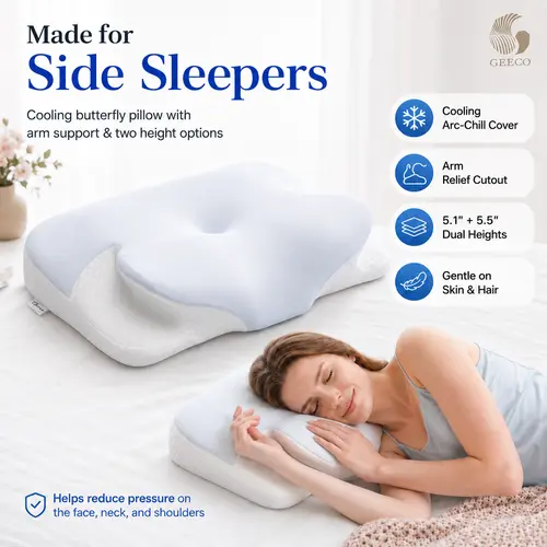 GEECO Upgraded Cooling Cervical Pillow for Neck Pain, Derilla Ergonomic Contoured Memory Foam with 5.1"+5.5" Dual Heights, Breathable Ice Silk Removable Pillowcase, Orthopedic Support for Side & Back Sleepers