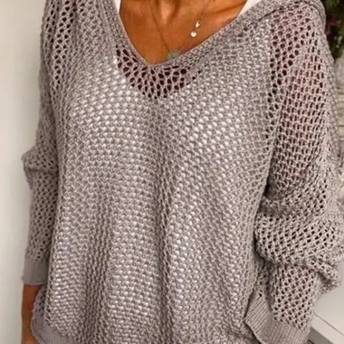 Women's Solid Hollow Out Sheer Light Loose Fit Hooded Sweater Pullover Fabric, Casual Drop Shoulder Long Sleeve Jumper for Summer, Fashion Ladies' Knitwear for Daily Wear, Womenswear