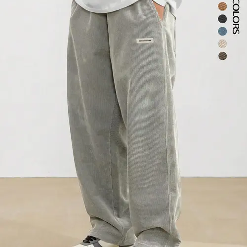 Men's Loose Letter Patch Drawstring Waist Straight Leg Pants, Unisex's Pocket Corduroy Trousers for Daily Wear, Casual Loose Fit Men's Bottoms for All Seasons, Casual Relaxed Fit, Casual Comfy Pants