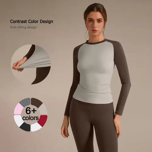 TimeOFF Women's 2-Piece Color-Block Stretchy Suit Set - Long-Sleeve Top & High-Waisted Leggings, Sporty Style Outfits, Athleisure Wear Set, Comfortable Support, Unrestricted Movement, Ideal for Yoga & Workouts, Women 2 Piece Sets, Sets For Women 2 Piece