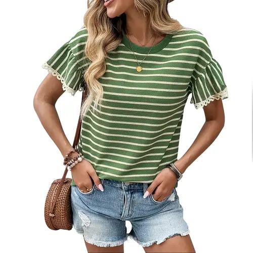 Shewin Women's Round Neck Striped Knit T-shirt - Ruffle Sleeve Eyelet Lace Trim Loose Casual Top for Daily Outings  DealsForYouDays,summerwins,summeroutfits,vacationoutfits,beachoutfits Shortsleeve Crewneck Grass Green