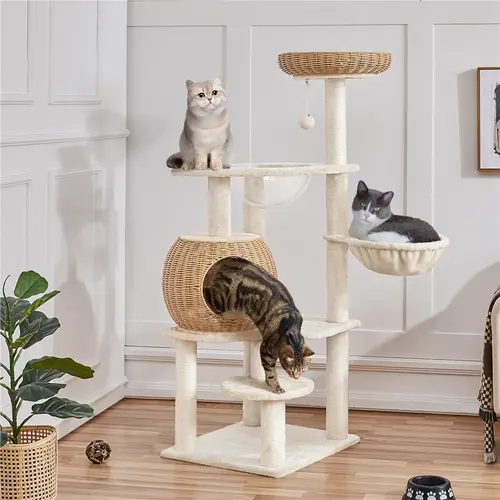 Costoffs Minimalist All-in-1 54" Tall Rattan Cat Tree - Vertical Scratcher with Sisal Posts, Cozy Nest, Soft Cushion, Hanging Ball, Basket, Bowl, Claw Protection, Furniture Save for Small-Medium Indoor Cats