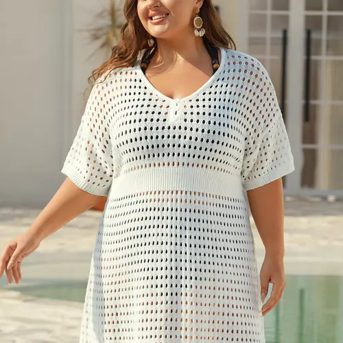 BloomChic Plus Size Women's Swimsuit Cover-Up [M-6X] - Curvy Clothing with Cut-Out, Waist-Cinched Button Detail, 2026 Summer Beach Outdoor Wear Mesh Hollow Out Beach Dress, Lightweight Swimsuit Cover Up,Summerfinds