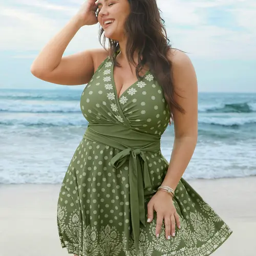 【Tummy control】BLOOMCHIC Plus Size Boho Print Waist-Tie Surplice Neck Swim Dress Beachwear Swimsuits, Beachswimsuits Printed,Sleeveless Swimdress Floral Printed Swimwear [M-6X] ,Summerfinds